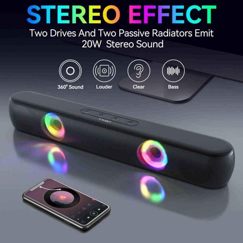 T-WOLF Long RGB Light-emitting Bluetooth B320 Game Home Stereo 3d High Quality TypeC Speaker_voghion.com