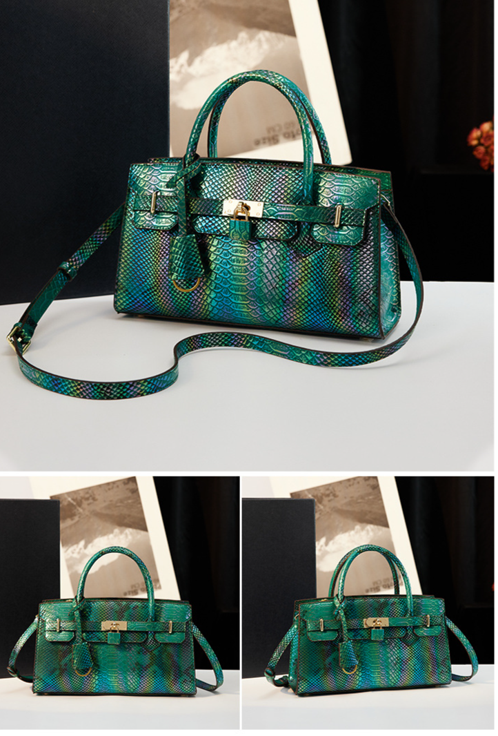 Hochwertige Pendlertasche mit grünem Schlangenmuster, modisch, urban, schlicht, große Kapazität, leichte Umhängetasche_voghion.com