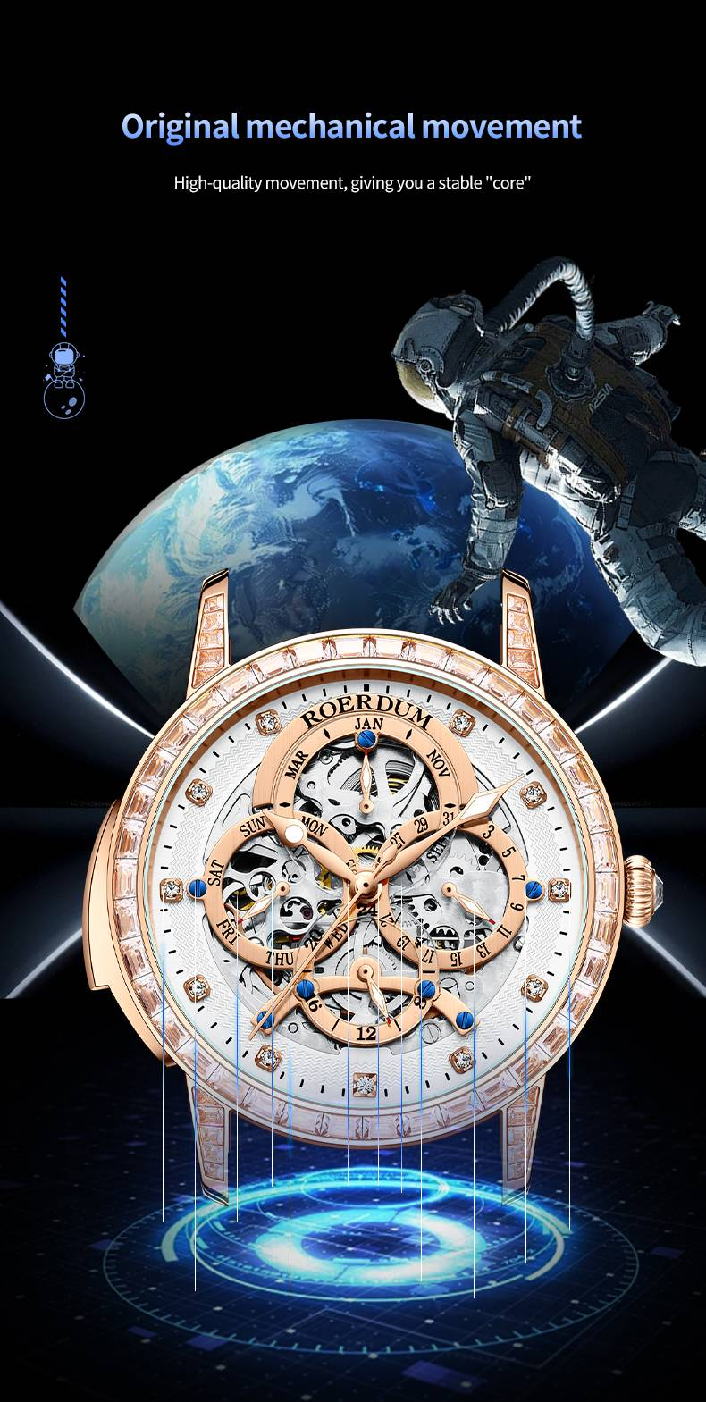 ROERDUM Endless Space Series leren band roségouden skelet wijzerplaat trendy automatisch mechanisch herenhorloge_voghion.com