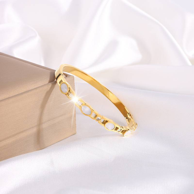 Titanium Steel Bangle With Shell & Zircon: Hollow Design, Luxury, Ideal For Women's Styling_voghion.com
