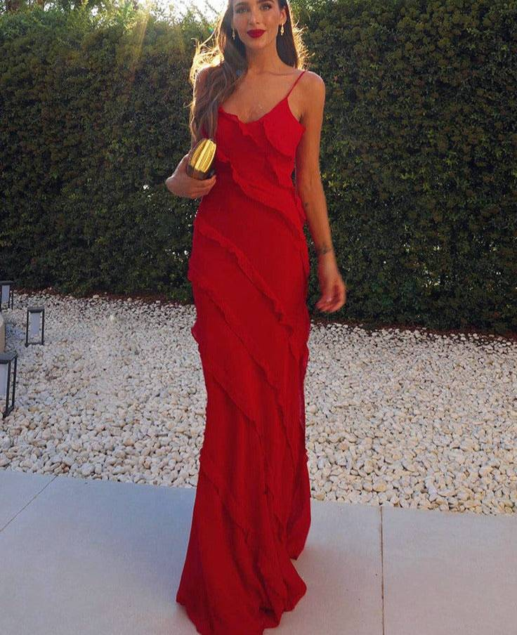 Women's Elegant Sleeveless Halter Neck Dress - Solid Color Multi-Layer Ruffle Summer/Autumn Dress (Fashionable & Stylish)_voghion.com