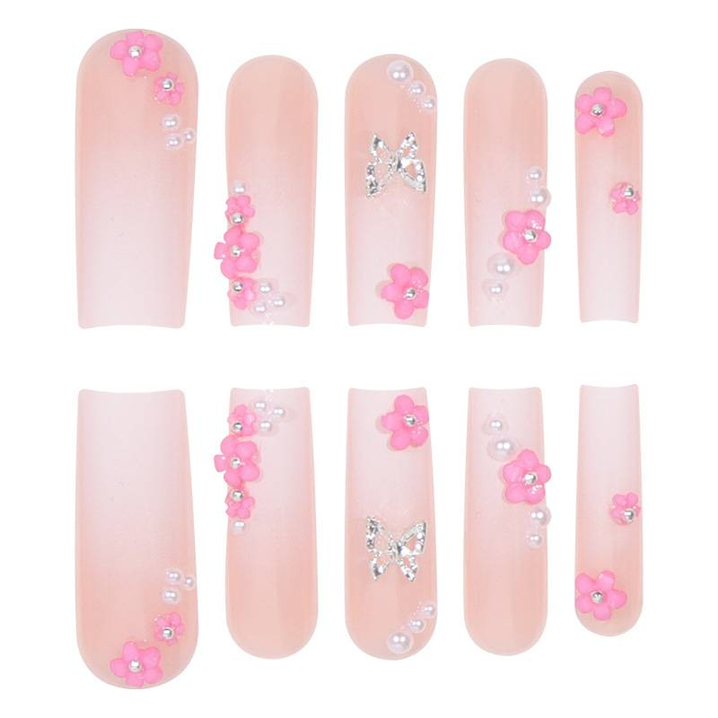Unghie a farfalla con glitter e motivo floreale - Unghie finte da applicare per le donne, unghie finte carine ed eleganti, facili da applicare_voghion.com