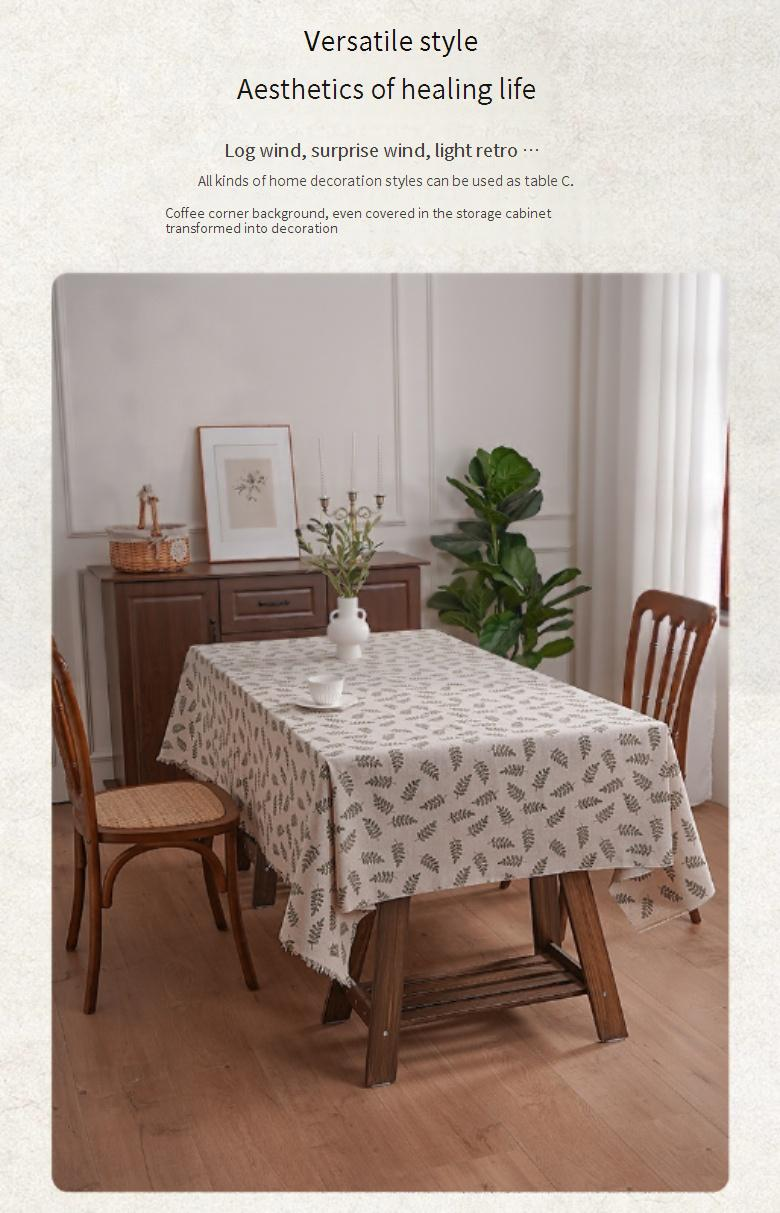 Cotton-Polyester Tablecloth With Willow Leaf Pattern - Rustic Farmhouse Rectangular Table Cover For Dining & Study (Dustproof, Decorative)_voghion.com