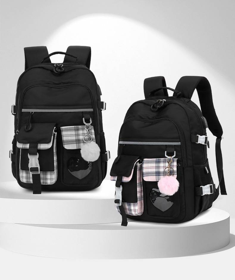 Lichtgewicht rugzak voor meisjes met ergonomisch ontwerp - waterdichte Oxford-stof, schattig en stijlvol voor school, comfortabele schouderbanden zwart/roze/wit_voghion.com