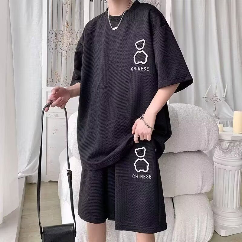 Summer Sports Casual Men's New T-Shirt Loose Plus Size Printed Five-Sleeve Shorts Two-Piece Set_voghion.com