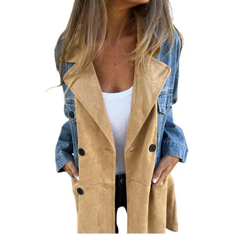 Höst/vinter Ny fashionabel kostymkrage Cowboy Splicing Mellanlängd Kappa för kvinnor_voghion.com