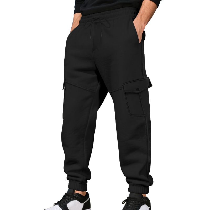 Autumn Winter Fleece Drawstring Men's Loose Casual Sports Multi-Pocket Cargo Pants_voghion.com