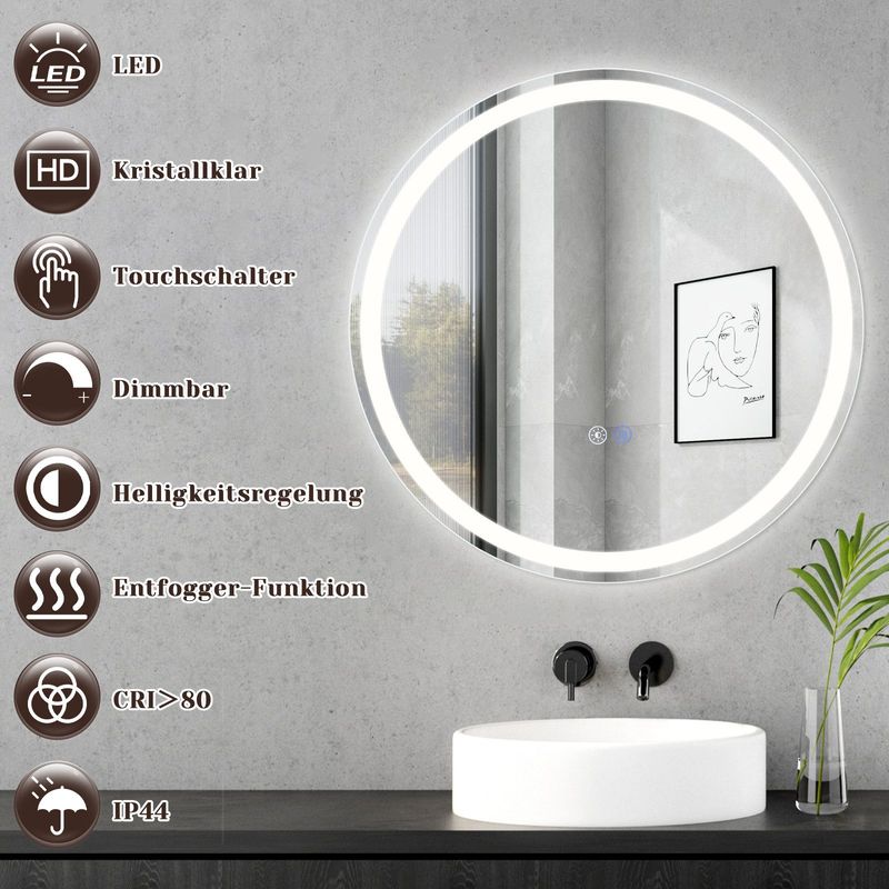 Glitzerlife Spiegel Bad Mit Beleuchtung - LED Badspiegel Rund 70cm Wandspiegel Dimmbar 3000K-6500K IP44 Mit Touch-Schalter Und Entfogger-Funktion Lichtspiegel_voghion.com