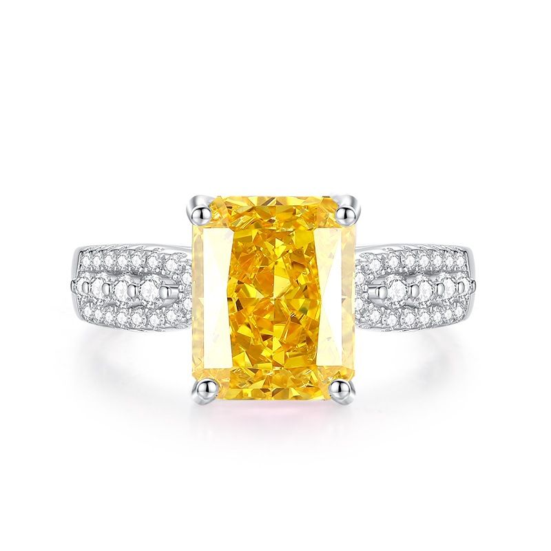 S Sterling Silver For Women, Light Luxury High-end Four-prong Yellow Sugar Cube Diamond Ring Design, INS Style_voghion.com