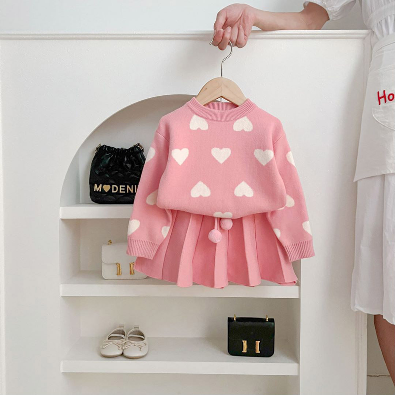 Girls' Sweater Set 2023 Winter New Western Style Little Girl Love Knitted Pullover Head Long Sleeves Fashionable Two_voghion.com