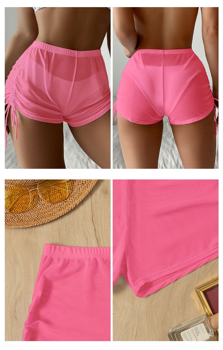 New European And American Sexy Solid Color Swimsuit Women's Four Corner Transparent Mesh Drawstring Beach Swimming Trunks Bikini Shorts_voghion.com