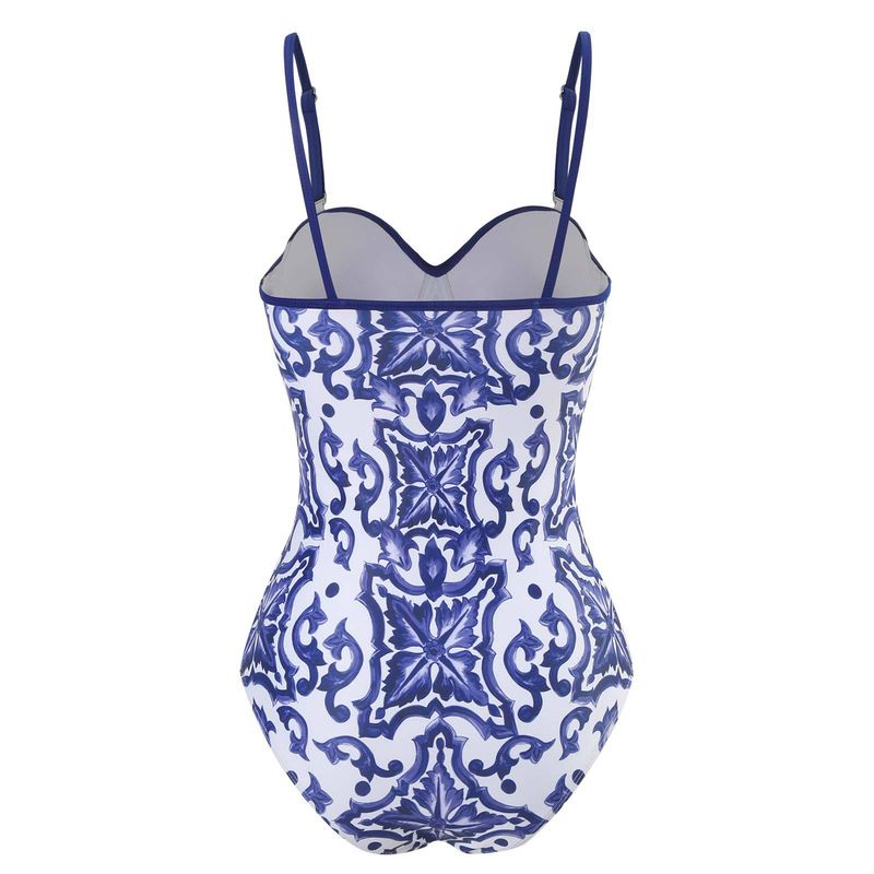 Maillot de bain une pièce pour femme Maillot de bain moulant et rétro imprimé en mousseline de soie avec support en acier et sac rigide_voghion.com