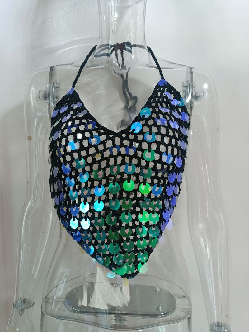 Sexy, ausgehöhltes, rückenfreies Bikinioberteil mit Perlenquasten – trendige Häkelbademode für Damen, ärmellose Strandmode mit V-Ausschnitt in mehreren Farben (S/M/L)_voghion.com