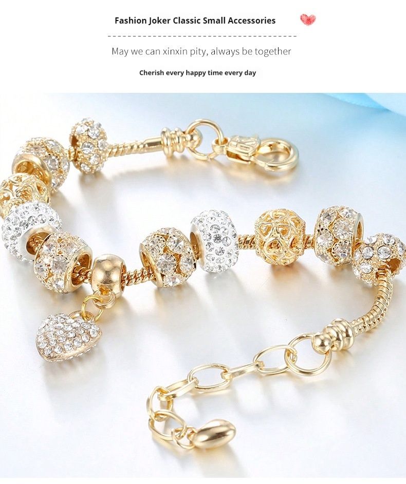 Family Live Broadcast Full Of Diamond Love Gold Snowflake Zircon Barrel Bead Bracelet_voghion.com