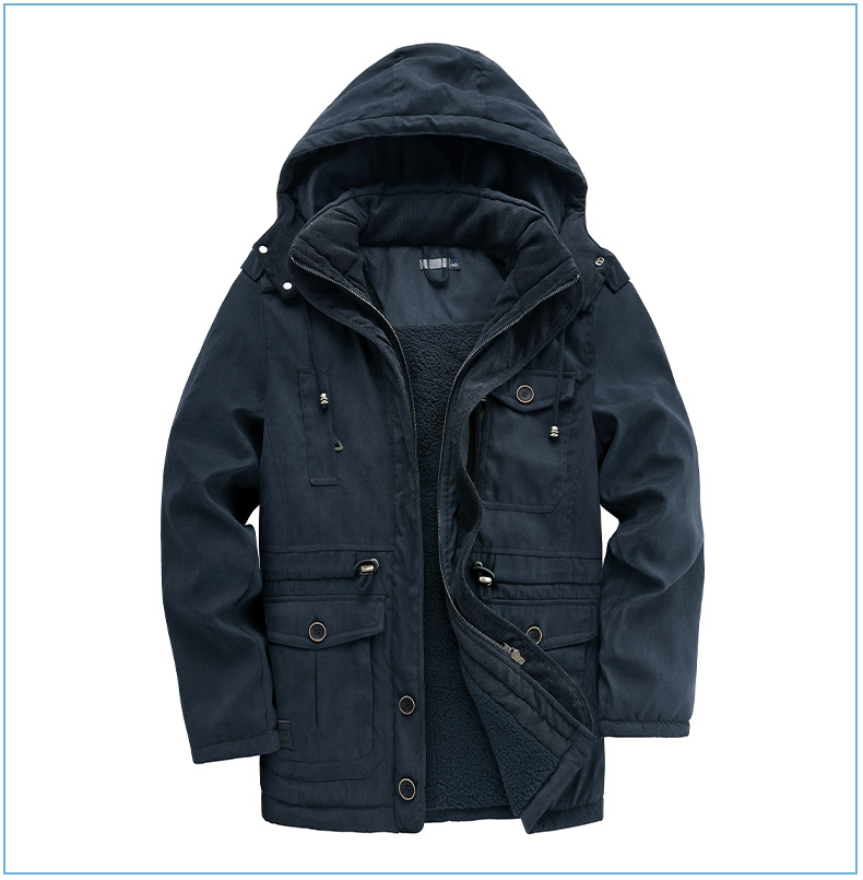 Men's Plus Size Shearling Hooded Cotton Jacket Thickened Multi-Pocket Cotton Top Casual Mid-Length Coat_voghion.com