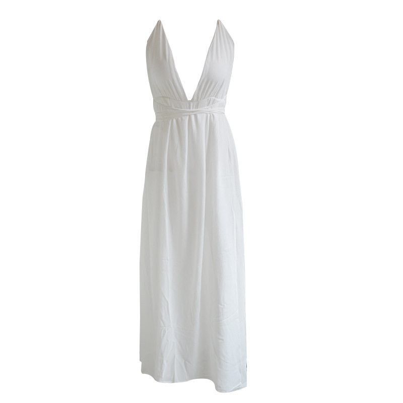 Pralles großes rotes V-Ausschnitt-Unterhemd im Urlaubsstil, rückenfreies Chiffon-Kleid im französischen Bohemian-Stil für Damen_voghion.com