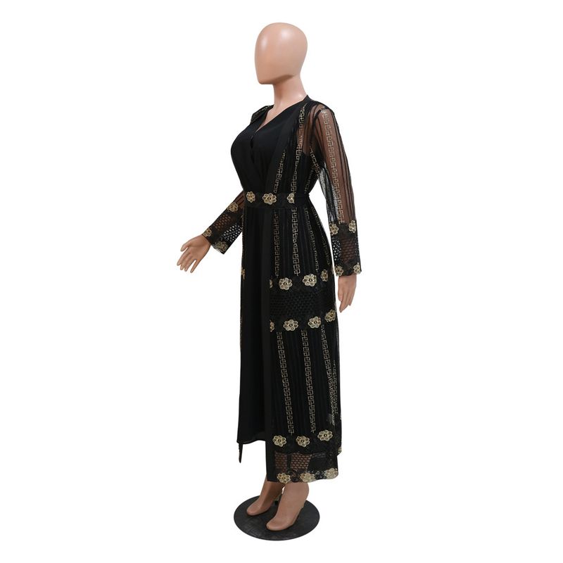 New Muslim Embroidered Mesh Jacket With Chiffon Vest Skirt Suit Kaftan Dress_voghion.com