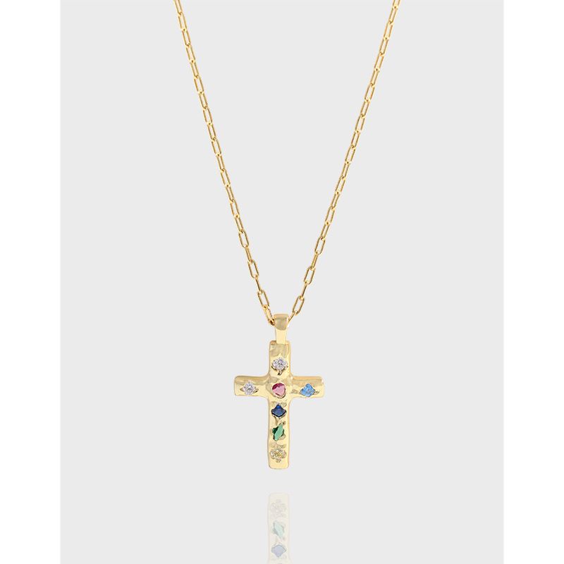 460 Korean Version INS Niche Light Luxury Design Sense Wrinkle Texture Cross Color-Block Zircon Necklace Pure Silver S_voghion.com