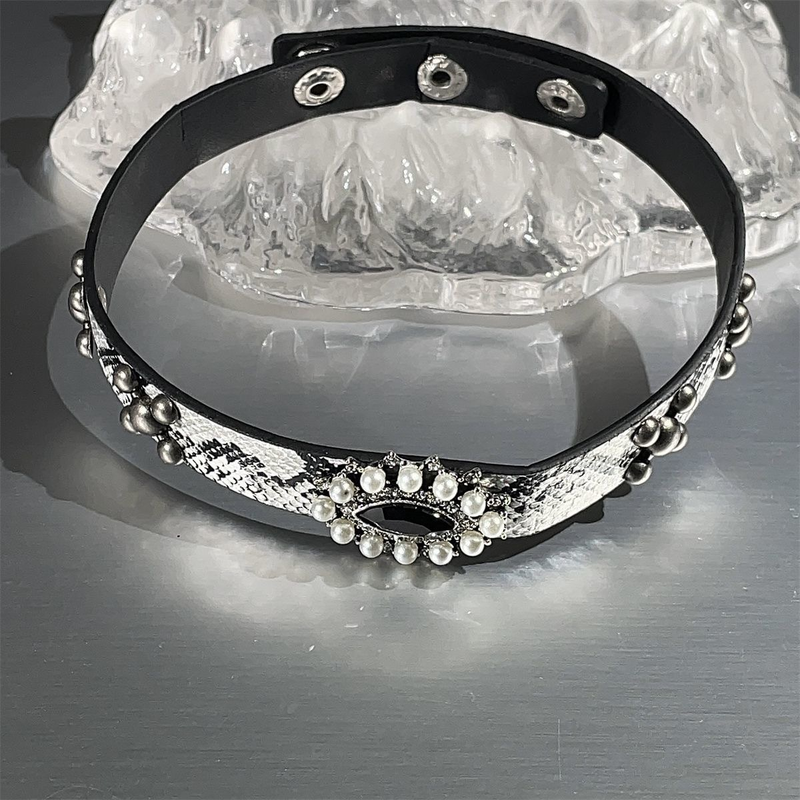 Designer Cool Europese en Amerikaanse mode Slangenhuidpatroon Luxe leren gierstkralenkraag Vrouwelijke minderheid Licht Luxe Spice Girl nekband_voghion.com