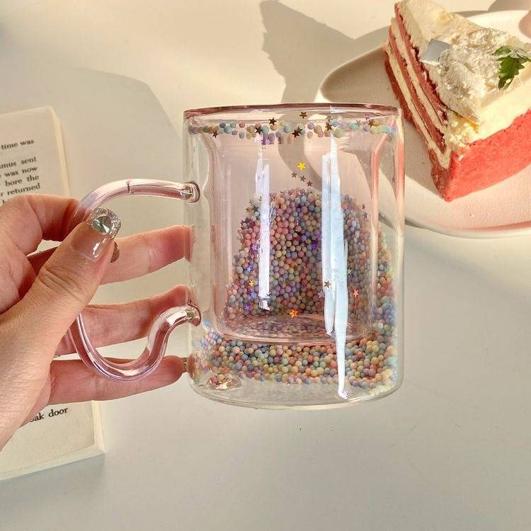 Tazza di vetro a doppio strato con sabbia fluente e cuore per ragazze_voghion.com