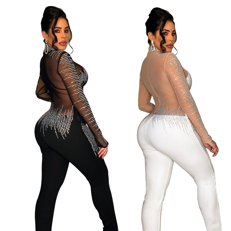 Damenbekleidung Mode Damen Einfarbig Mesh Hot Diamond Langarmhose Jumpsuit_voghion.com