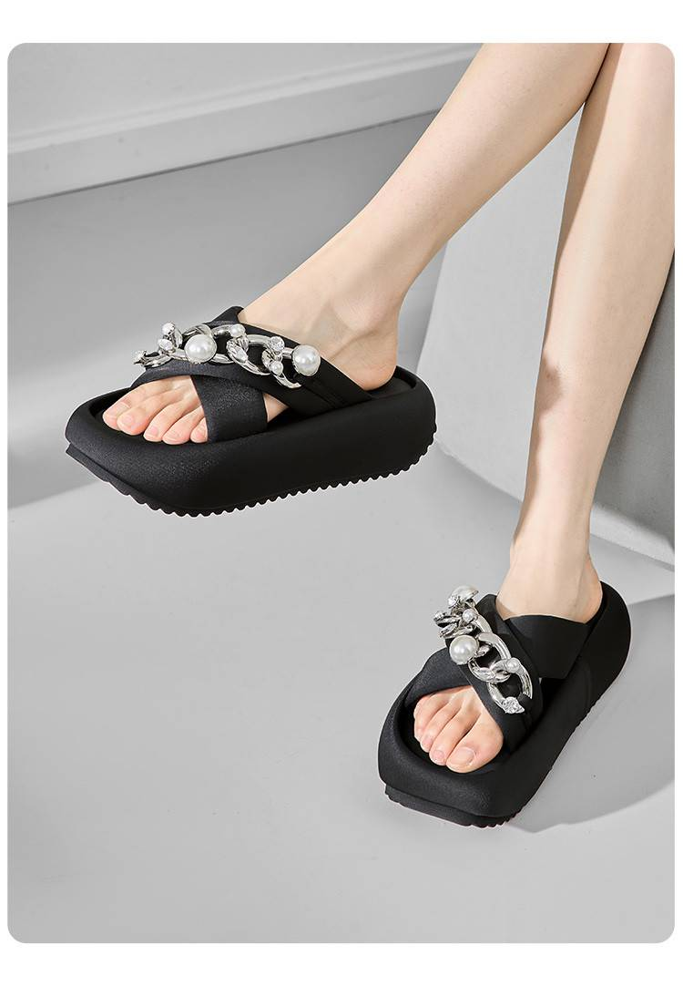 Cameido Women's One-strap Slippers With Pearl Chains. Outdoor-wearable Open-toe Platform Sandals For Summer 2025, Beach Slippers_voghion.com