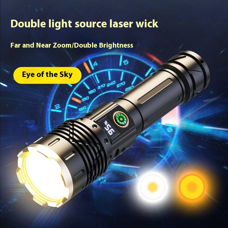 Dual-Light Zoomable Flashlight - 1200 Lumens LED & Laser Beam, Aluminum Alloy Body With Digital Display, Rechargeable Tactical Flashlight For Camping_voghion.com