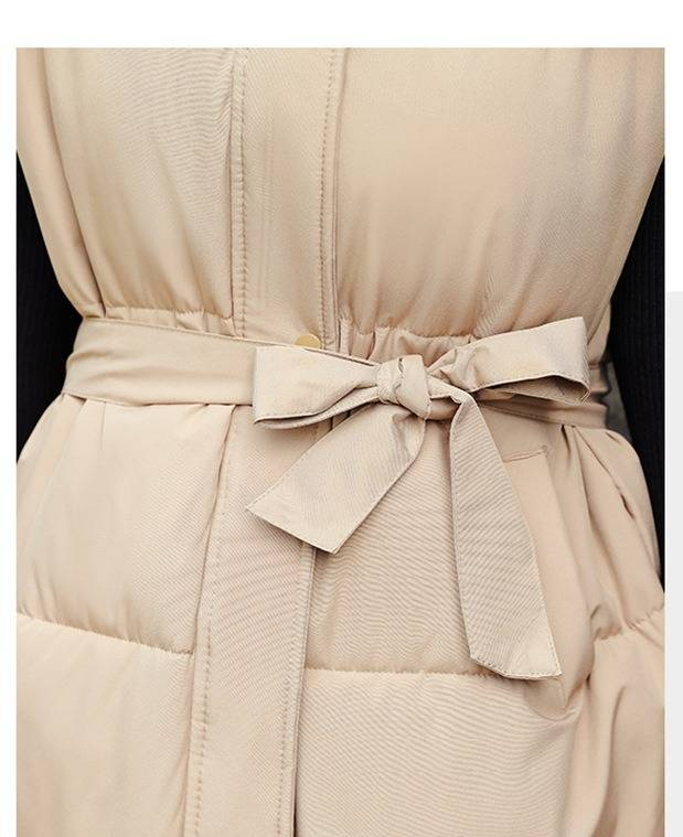 Gilet long à capuche et ceinture pour femme, veste matelassée légère, coupe ample et décontractée pour l'hiver, noir/blanc/kaki_voghion.com