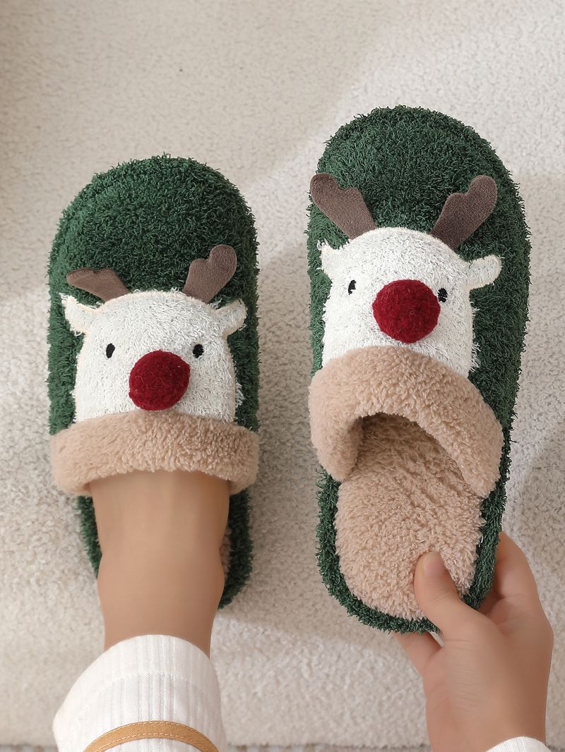 Süße Weihnachts-Rentier-Baumwoll-Hausschuhe für Frauen, Wintermode-Hausschuhe, rutschfeste Paar-Hausschuhe_voghion.com