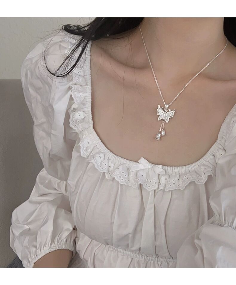 Sterling Silver Butterfly Lily Of The Valley Necklace For Women, Niche High-end Light Luxury Exquisite Collarbone Chain,_voghion.com