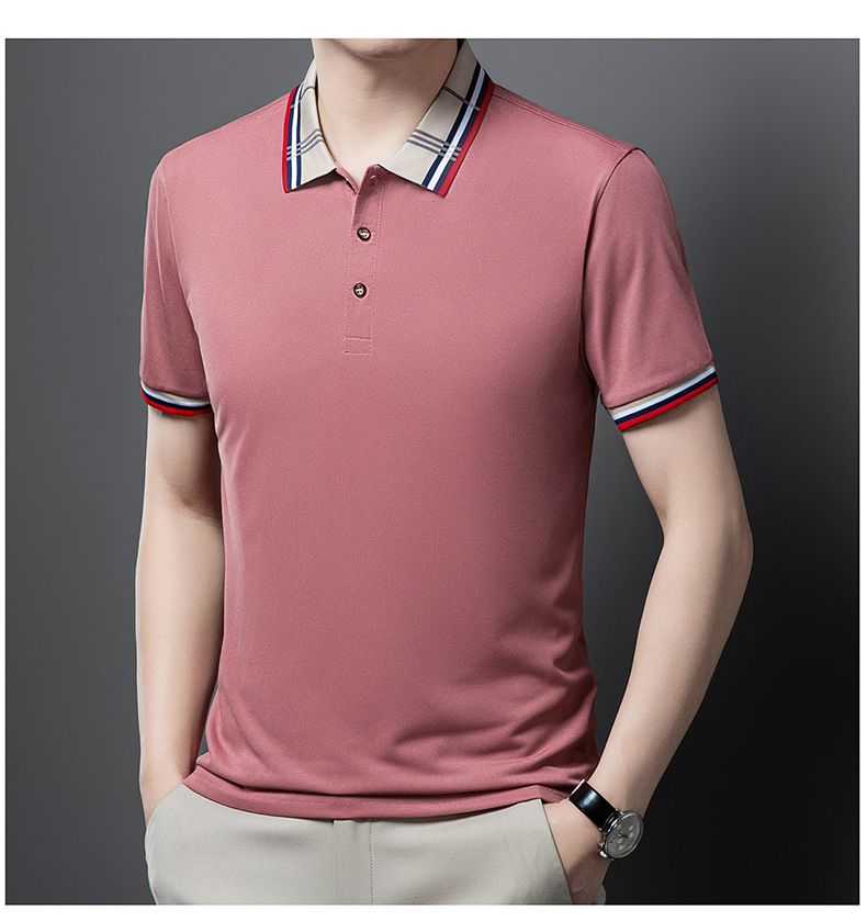 Herrkläder Sommar Herr Kortärmad pikétröja Business Casual Jacquard Lapel T-shirt Ice Silke Andas Casual All Match pikétröja_voghion.com