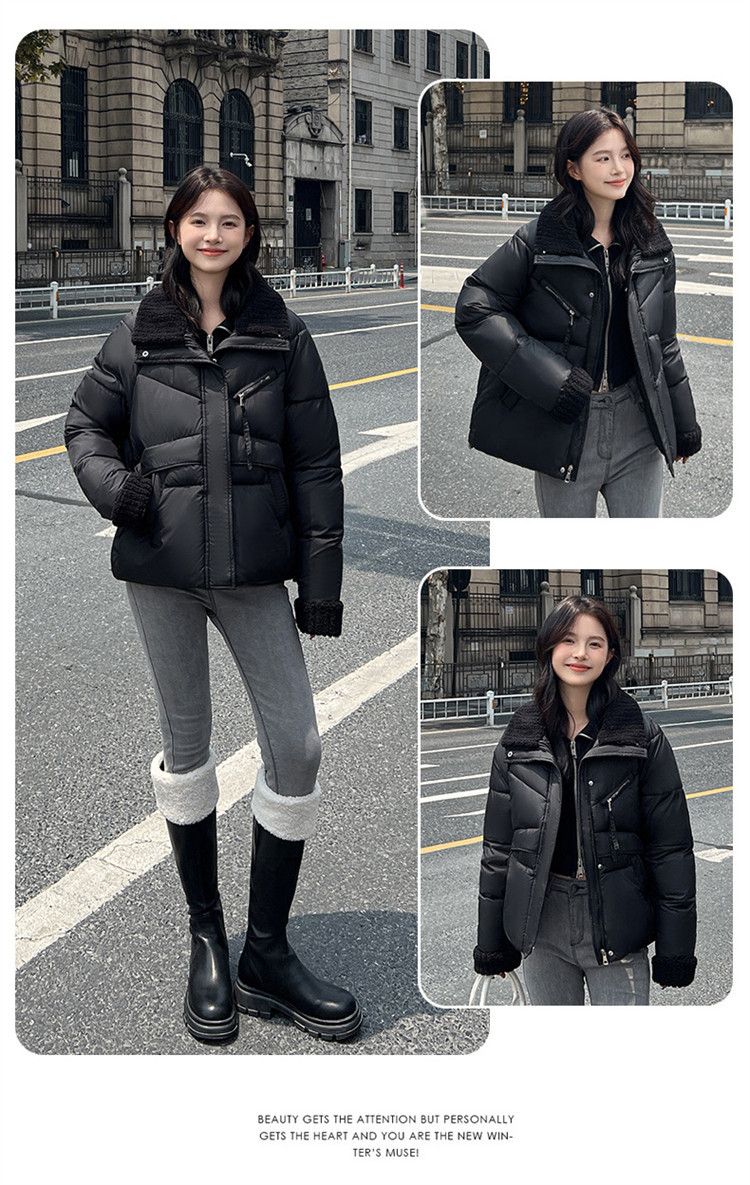 Kuerz Lämmchewoll Daunenjacket mat Kotteng fir Fraen am Wanter 2024, neien Trend vun Daunenjackete mat groussem Kraang fir Fraen_voghion.com