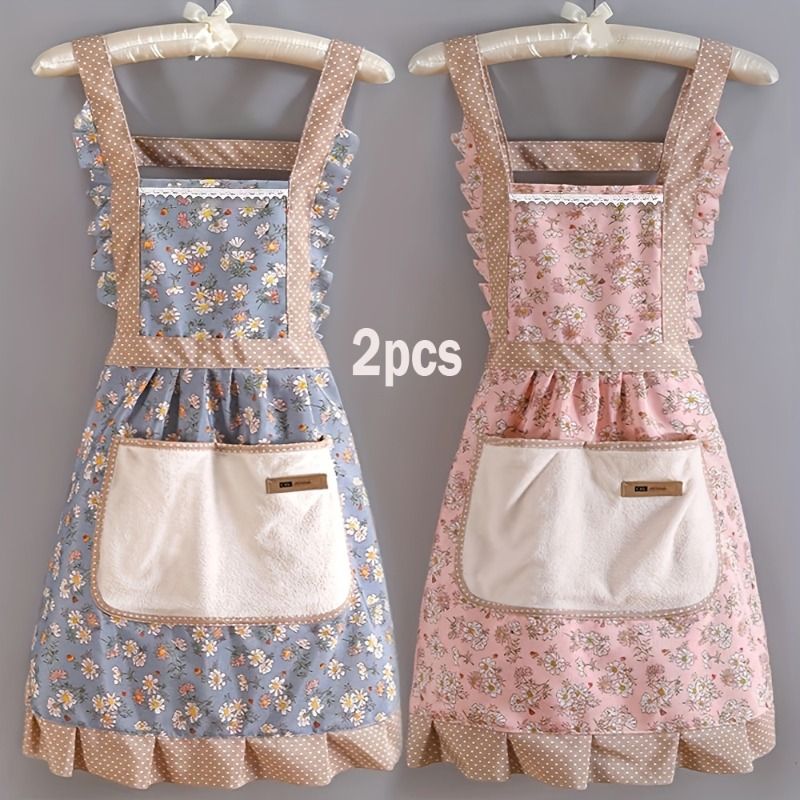2pcs Canvas For Women Kitchen Cooking Breathable Wear Apron Home Accessories_voghion.com