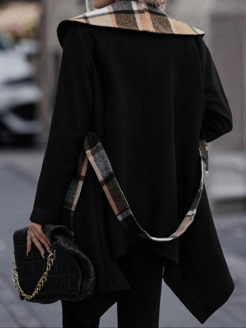 Damenbekleidung, karierter Trenchcoat aus Wolle mit Schnürung, Farbblockdesign, langer Karomuster und Gürtel – stilvolle zweireihige Oberbekleidung aus Wollmischung für Herbst und Winter_voghion.com