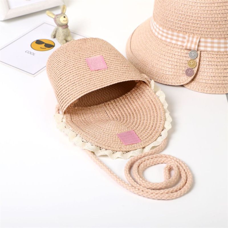 Kinder mädchen neue stroh hut tasche set, sonnenhut, sommer prinzessin knopf zubehör, strand sandalen_voghion.com
