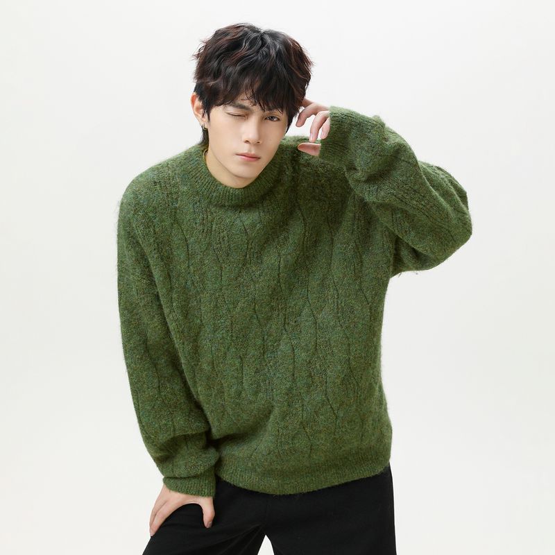 Schwerer, verdickter Mohair-Pullover mit Rundhalsausschnitt, gedrehter, strukturierter Strickpullover für Herren, Vintage-Lockerjacke_voghion.com