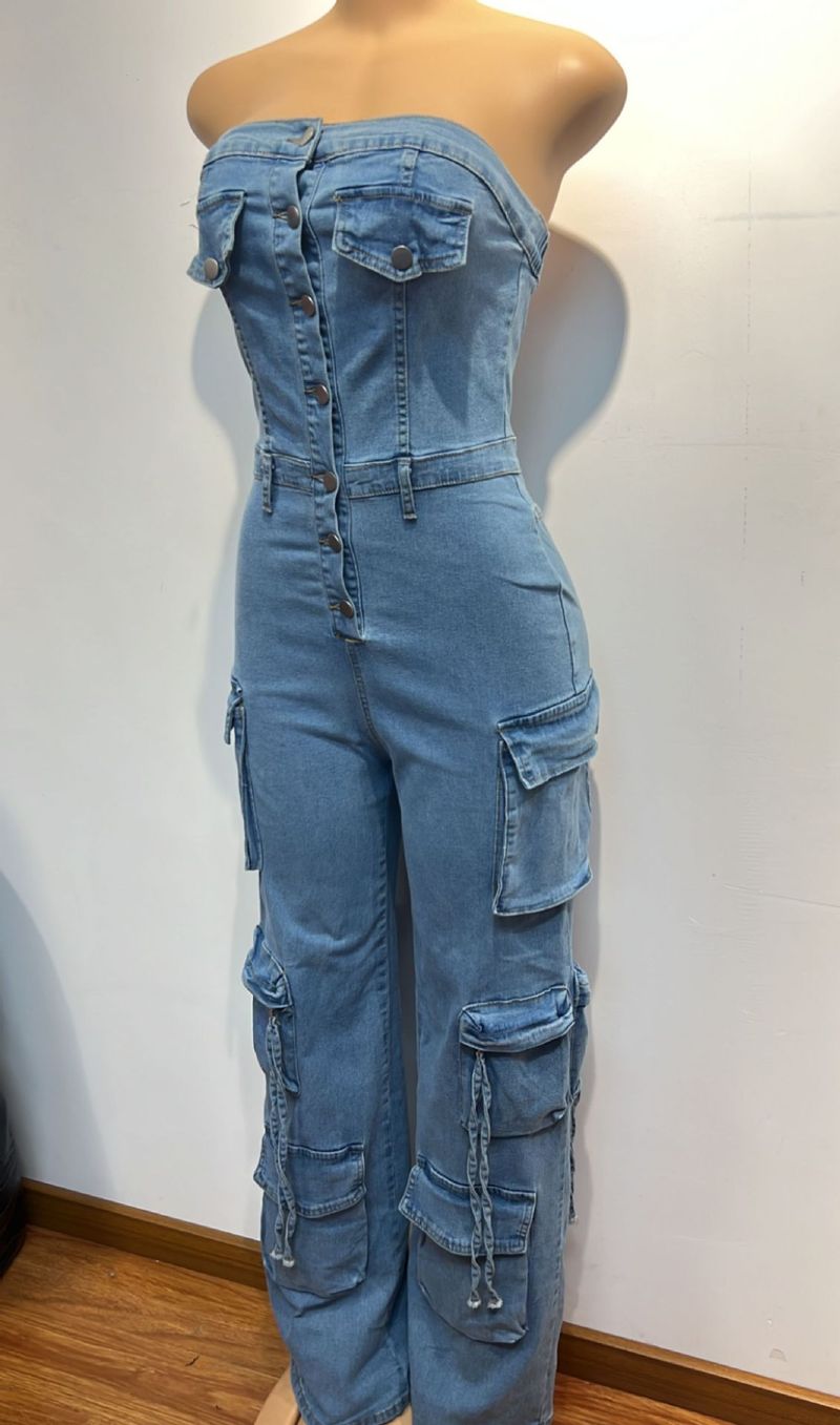 Damenbekleidung Neues Tube Top Multi Pocket Workwear Jeans Jumpsuit Anzug Multi Button_voghion.com