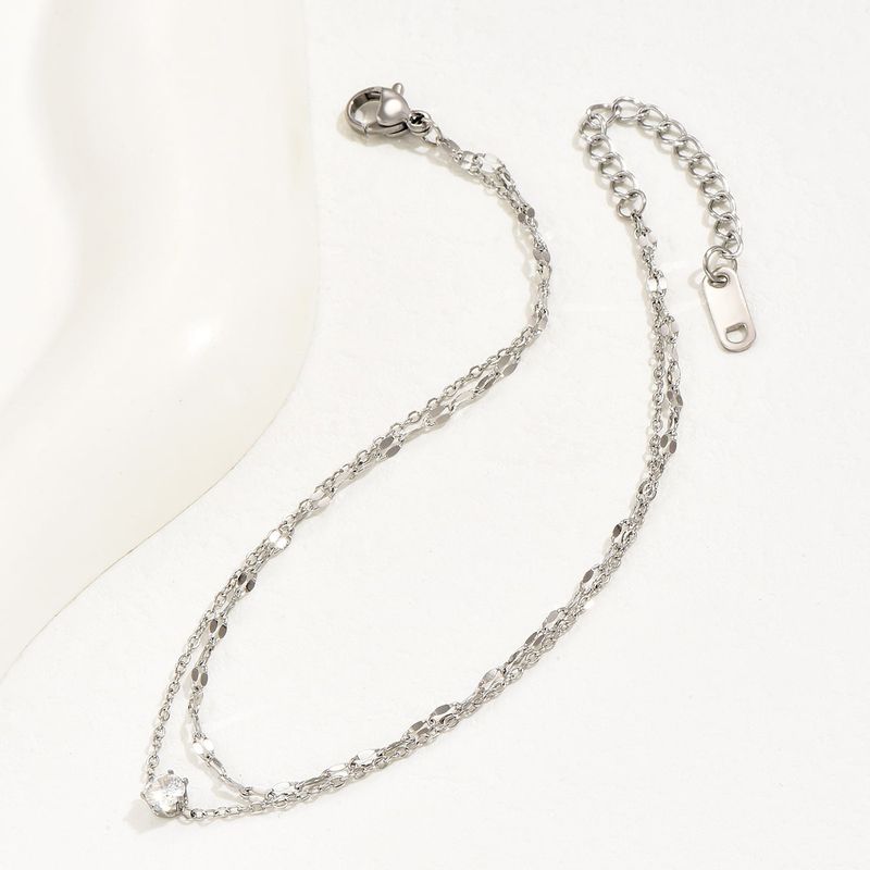 1 Stück mehrschichtiges, versilbertes Fußkettchen mit funkelndem Zirkonia im schlichten Stil, Modeschmuck_voghion.com