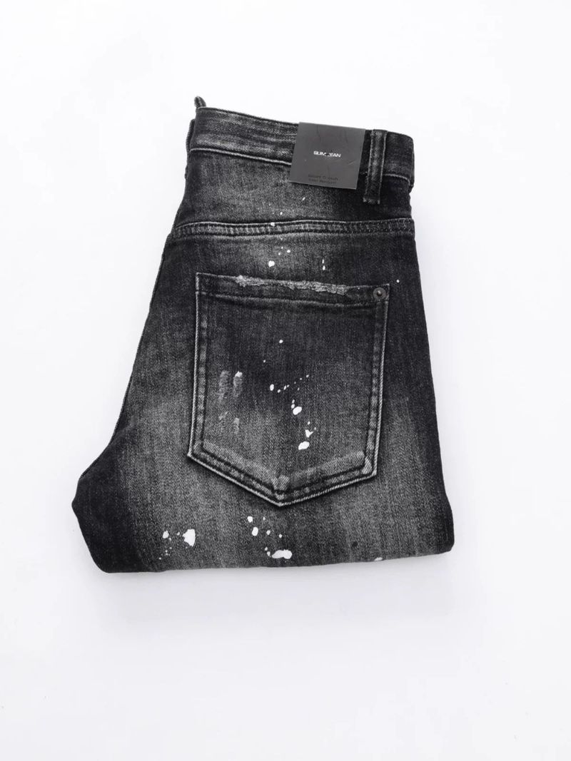 Men's Clothing Fashion Brand Washed Scratched Patches Paint Graffiti Stretch Slim Jeans_voghion.com