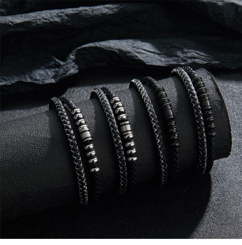Braccialetti con ciondoli, braccialetti intrecciati in corda di pelle multistrato, braccialetti in pelle, braccialetti con fibbia magnetica in acciaio inossidabile da uomo_voghion.com