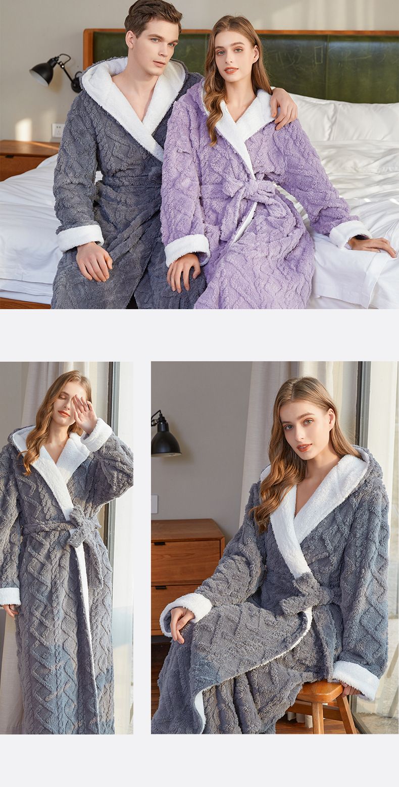 Pigiama da donna in flanella jacquard con cappuccio, completamente gestito, con accappatoio e cappuccio da donna, caldo e spesso_voghion.com