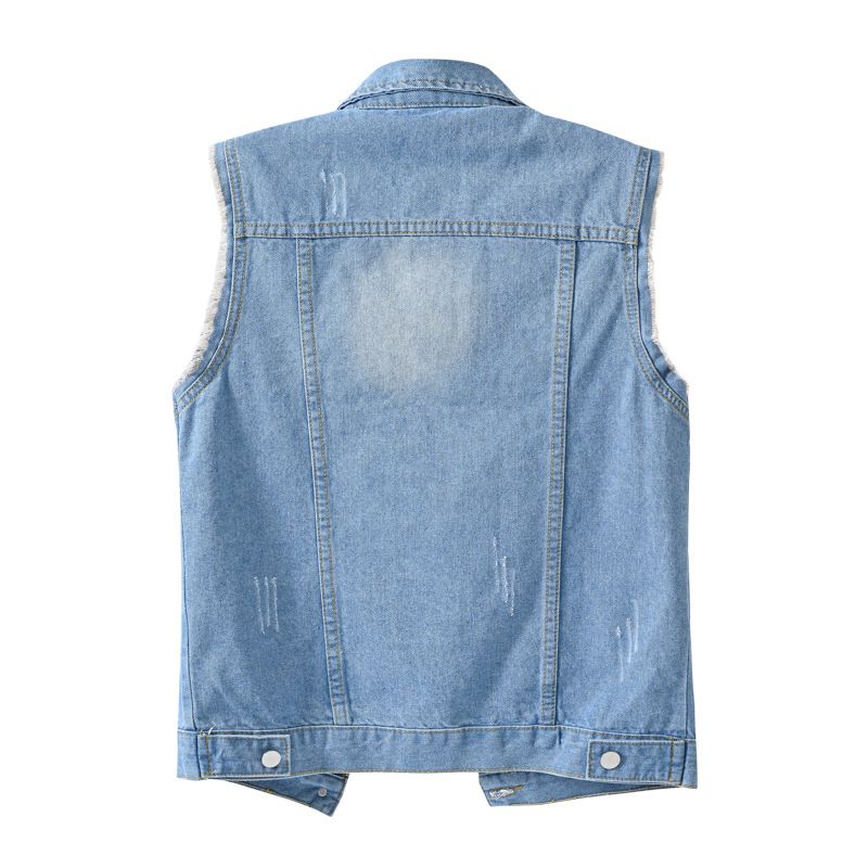 Ropa de mujer Chaleco vaquero multicolor Chaqueta corta ajustada sin mangas para mujer Cárdigan superior roto_voghion.com