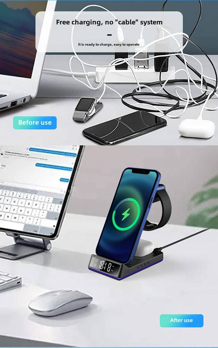 Silent Wireless Charger in Bedroom - for Samsung and iPhone iWatch AirPod, alarm clock settings, night lights, phone holder functions_voghion.com