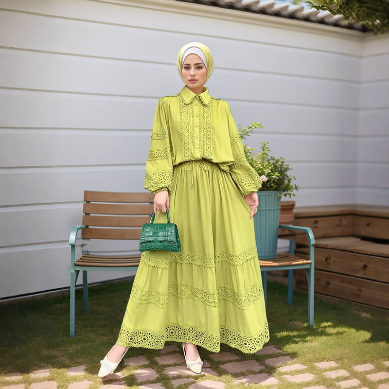 Women's Clothing Lace Applique Shirt + Loose Skirt Long Skirt Two Piece Suit_voghion.com
