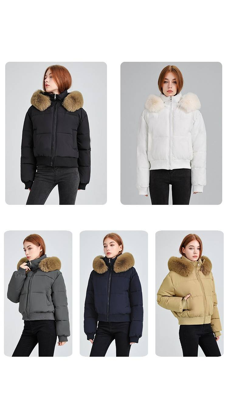 Fashionable Hooded Faux Fur Trimmed Puffer Jacket For Women - Winter Cozy Short Quilted Coat With Detachable Collar_voghion.com