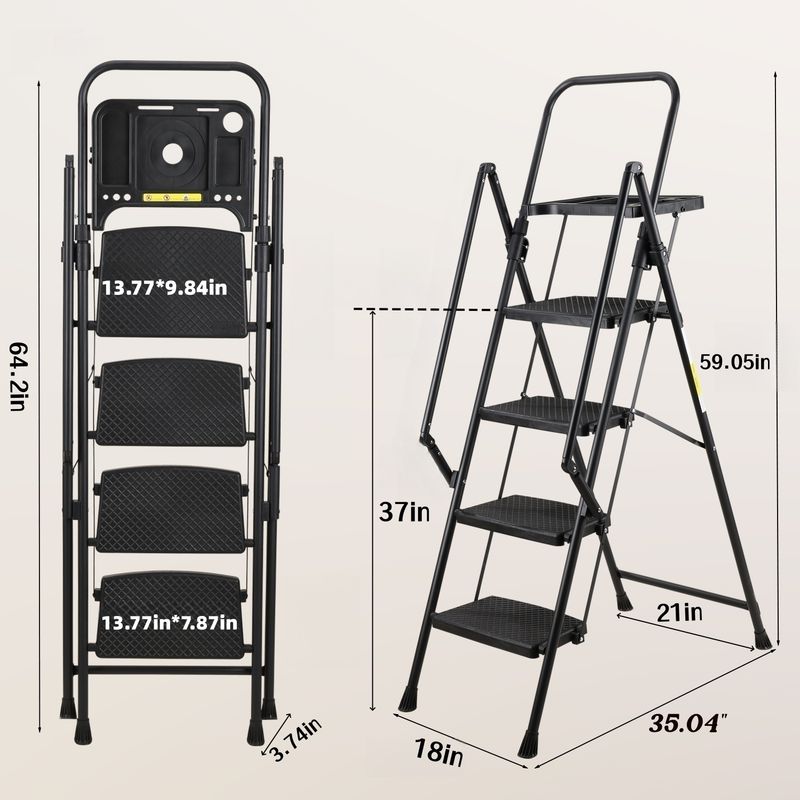 4 Step Ladder, Folding Step Stool With Non-Slip Wide Pedals, Soft Handle, Non-Slip Feet, Sturdy Steel Construction, 330 Lb Capacity Steel Ladder, Suitable For Home & Office_voghion.com