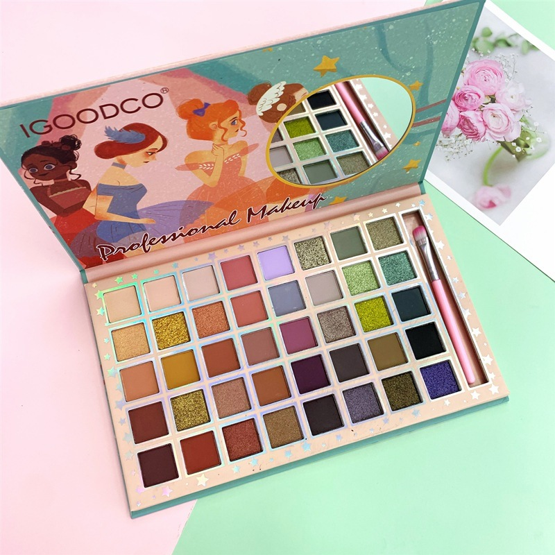 Placa de sombra de ojos multicolor mate perlado de 40 colores con patrón de niña hermosa y bonita con pincel_voghion.com