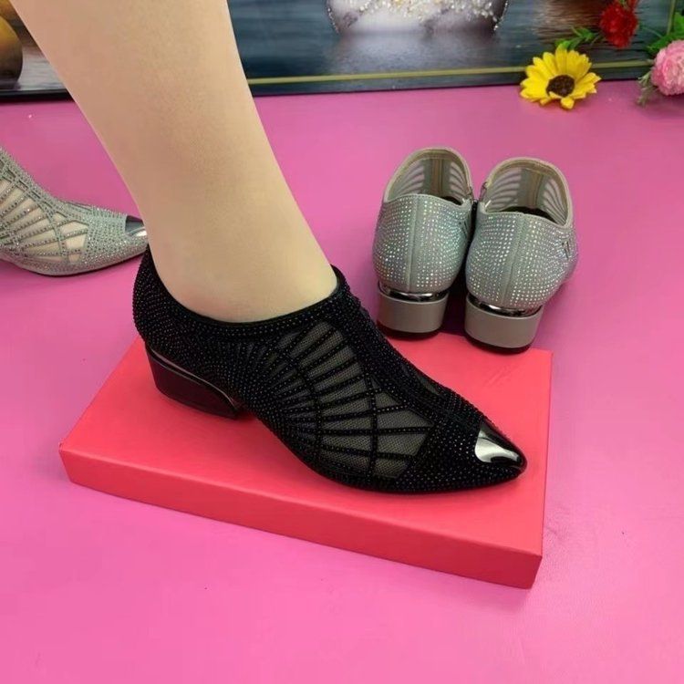 Sandali da donna con tacco basso, traspiranti e comodi, con cerniera cava, in rete di diamanti, alla moda, con tacco spesso e appuntito_voghion.com