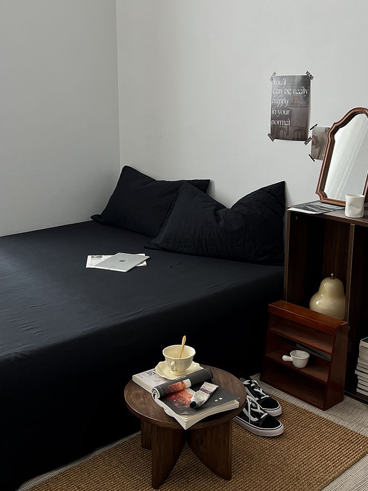 Japanese Wabi-Sabi Style | Bedding Of Four All-Cotton Pure Cotton Black Single Bed Sheet Student Three-Piece Set_voghion.com