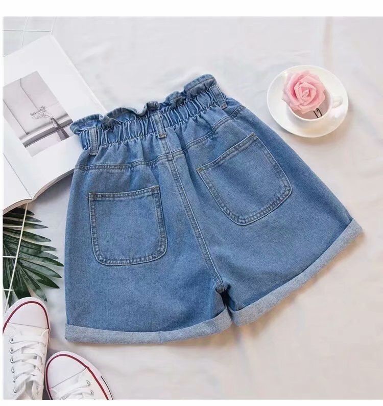Abbigliamento da donna, vita alta, taglie forti, pantaloncini in denim elasticizzati, larghi, aderenti, con orlo arricciato, linea ad A, gamba larga_voghion.com